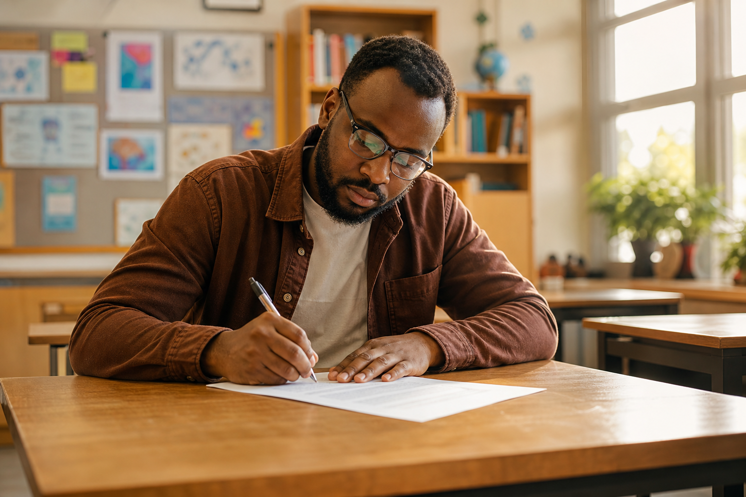 Black Man Signing Form in Classroom
